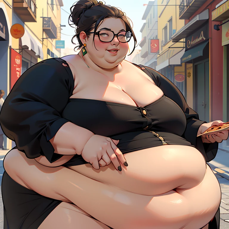 masterpiece, best quality, highres, (detailed:1.2), (realistic:1.2), young italian woman, (USSBBW:1.3), (morbidly obese:1.3), (fatblob:1.3), (detailed face, beautiful face), high aesthetic, embarrassed small smile, holding a slice of pizza, pizzeria, black dress, earrings, messy hair bun, sunglasses 