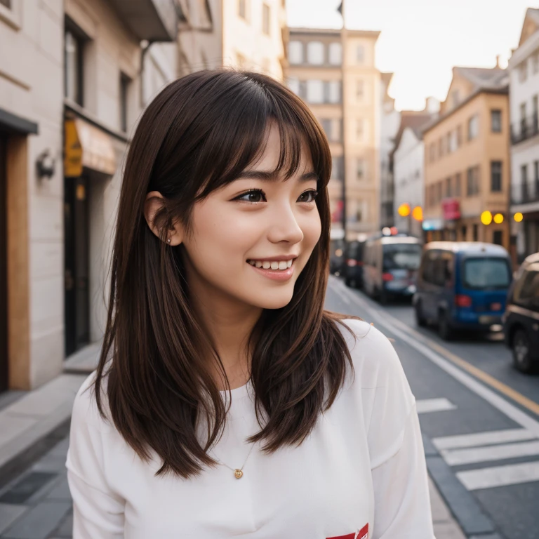 A young woman, brown hair, calm smile