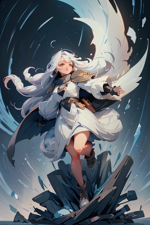 Beautiful anime art: a cold girl with silver hair in a white and blue flowing dress flies on huge translucent wings to a dark, strong man with black hair in scarlet and black flowing clothes, and behind him an army of thousands of monsters