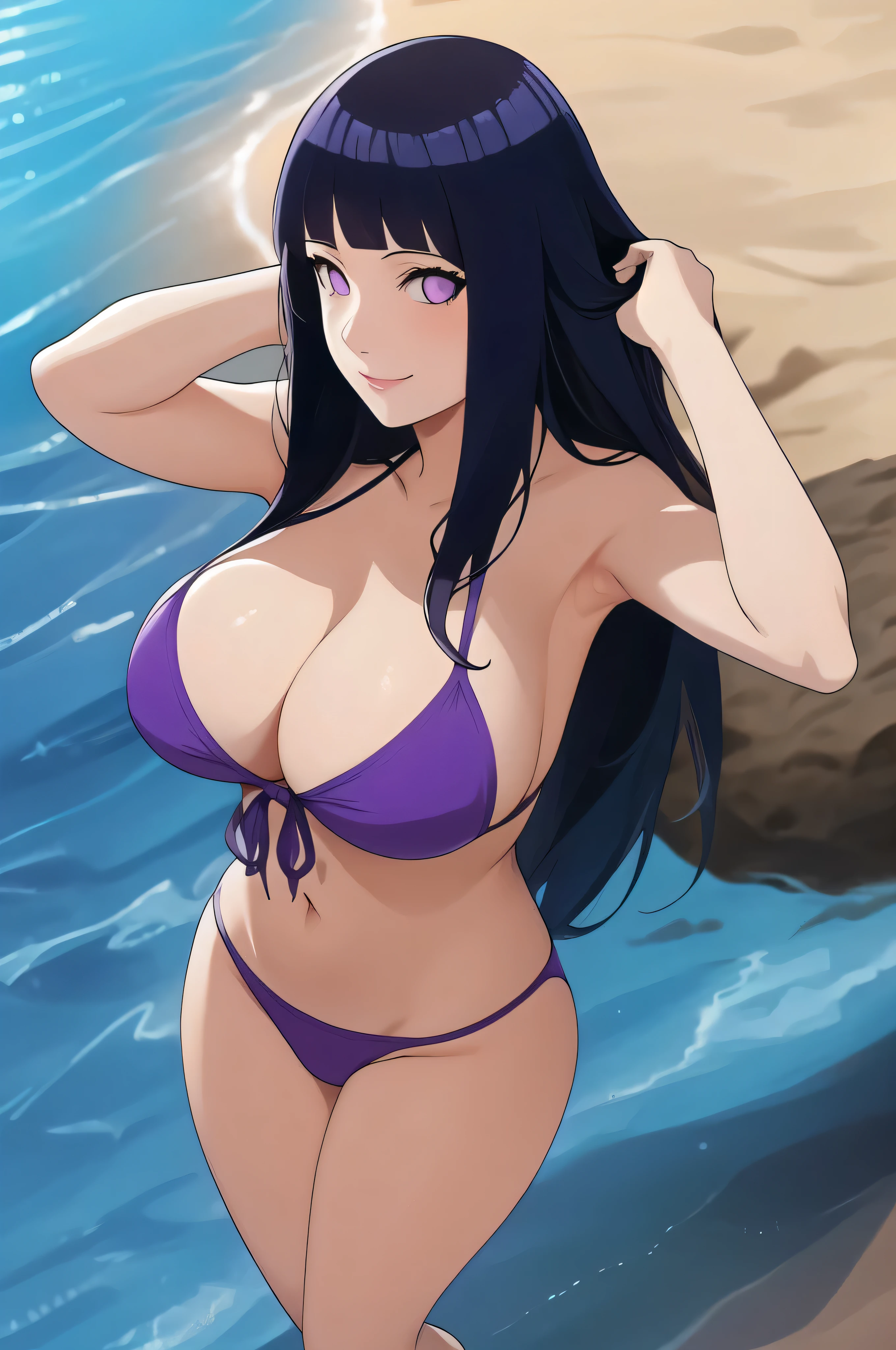 hinata1 a woman, beach, ocean, island, outdoors, bright sky, sunny, clear sky, bangs, long hair, glowing eyes, cute smile, blush, lavender purple bikini, two piece bikini, thong panties, purple thong, bare shoulders, cleavage, big breasts, skinny, slim waist, nice thighs, big ass, tall legs, posing, hands behind head, armpits, sexy, standing, full frame, full body in frame