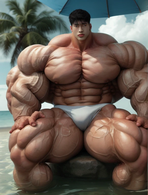 1 asian boy, giant, model shoot style, looking at camera, standing, cool ambience, outdoor, summer season, at the ocean lagoon, cloudy sky, strong body, bulk, large size, seated on the ground, sandy beach, naked, white triangular underwear, prominent bulge trunks, big, brutalmass, giant, muscular body, bulk, massive body, large meaty body size, brown skin, wet