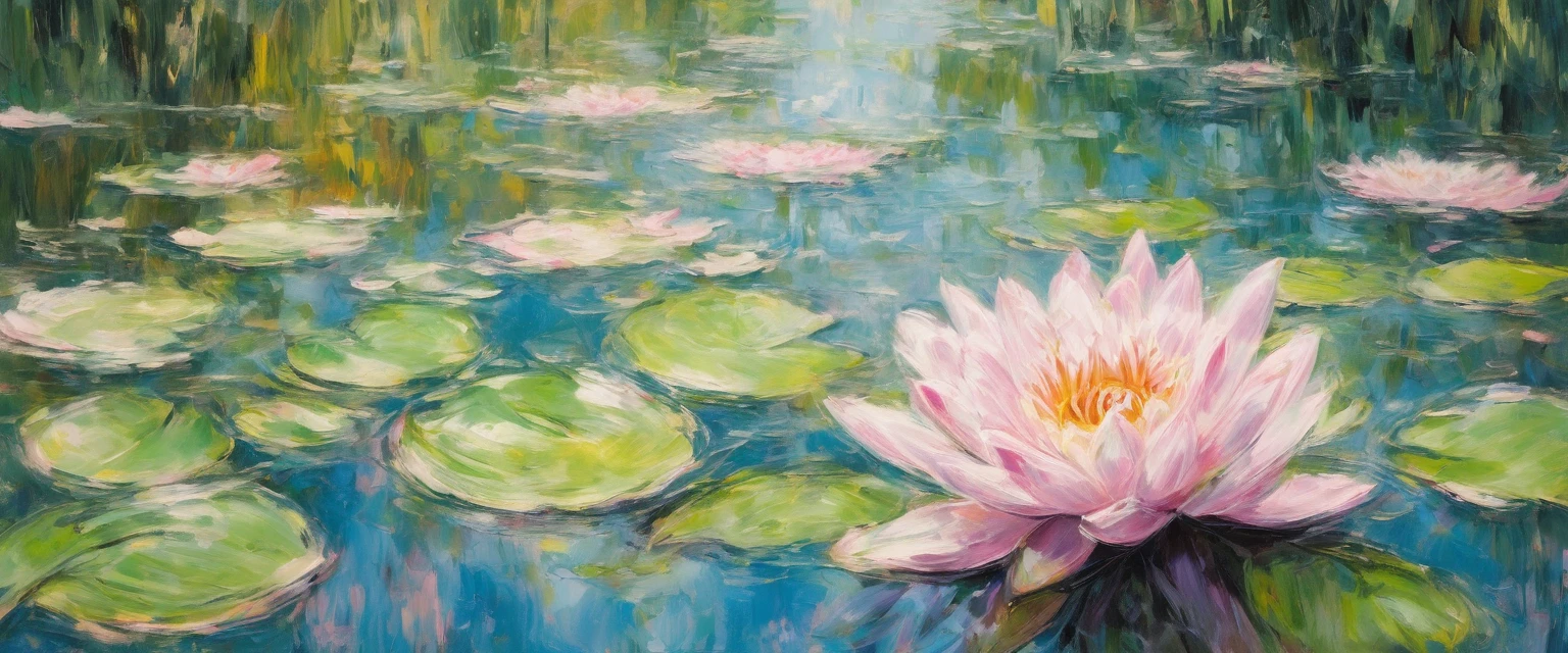 Long shot wide angle top view makes water lily more blurry(light pink) More blurry oil painting brush strokes impasto blur water lily leaves basket green toned water reflection with weeping willow water lily original oil painting Claude Monet pond impasto art impressionism style