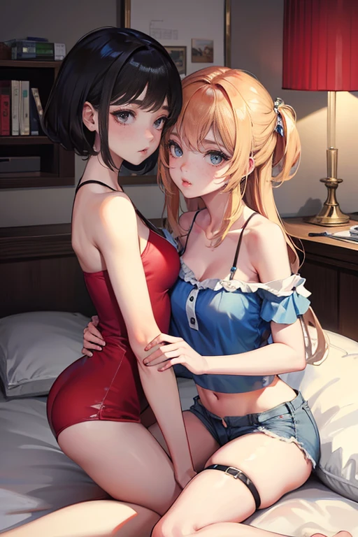 2girl,pout,on the bed