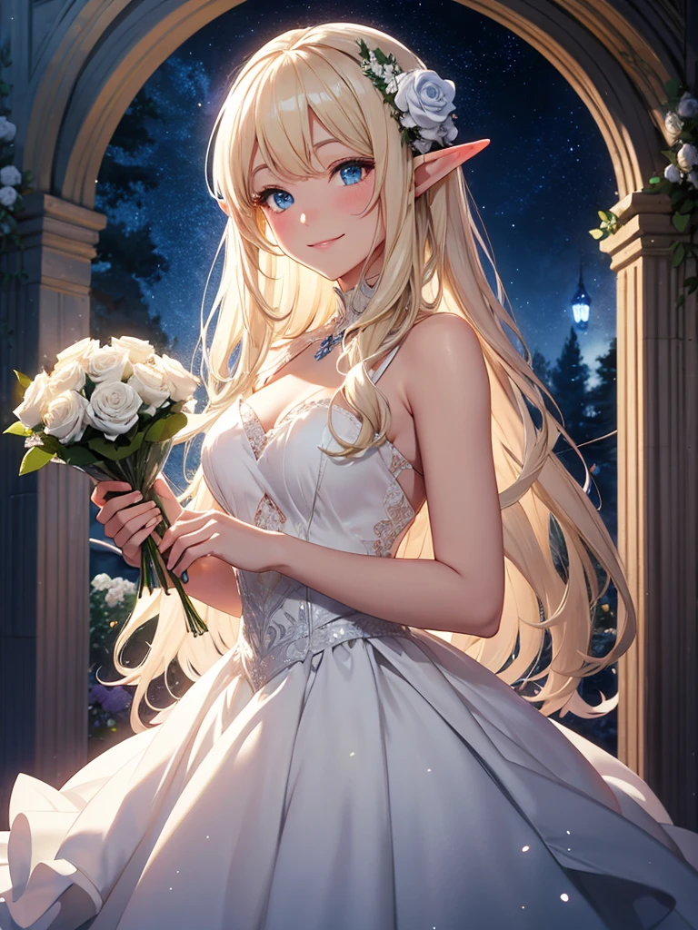 Elf Beautiful dress Light Blonde smile forest magic Masterpiece Night Starry Sky Magic sexy, extremely beautiful holding a bouquet of white roses White Rose Bouquet UHD Highest Quality