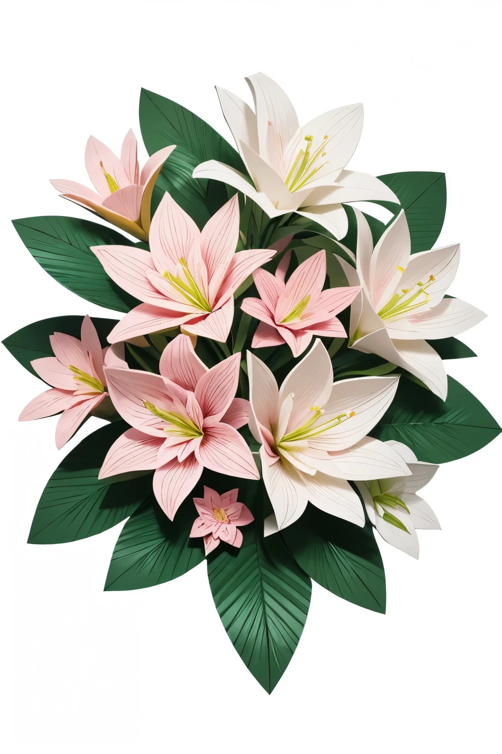 Design illustration, delicate pink and white lillium flowers with vegetation,frontal view, papercraft design, kirigami style, detailed folds, soft color palette, natural lights,masterful craft, intrincated,4k, sharp focus, perfect paperfold
