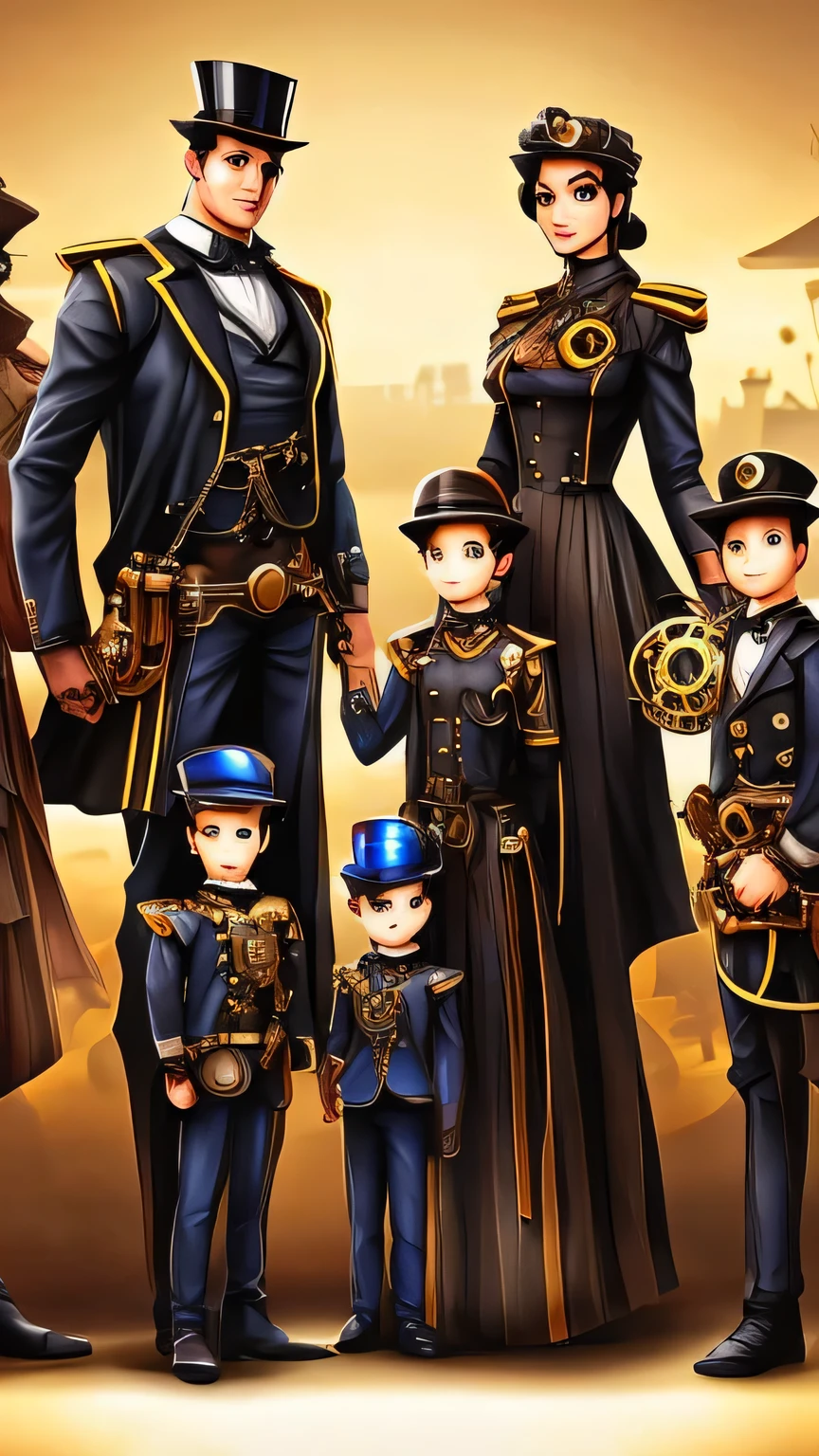 family, happy, steampunk, cyber, no text, light