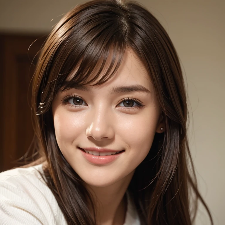 A young woman, brown hair, calm smile