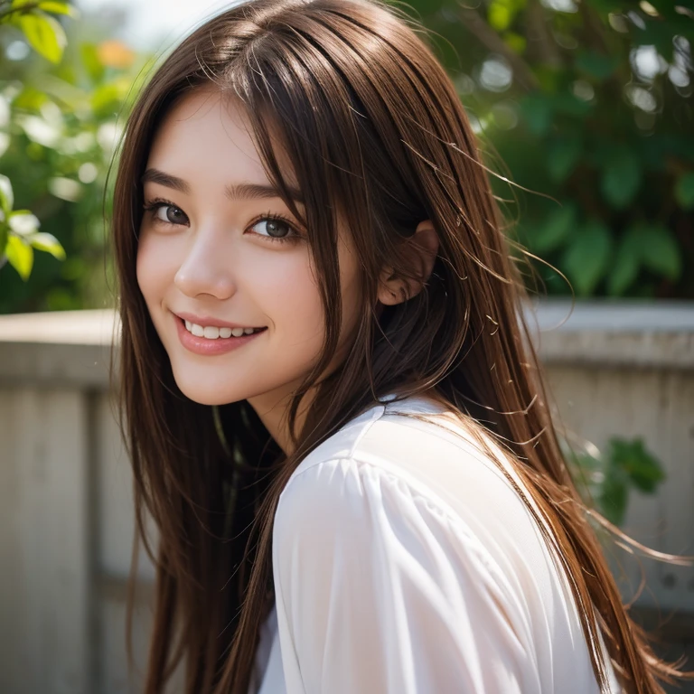A young woman, brown hair, calm smile