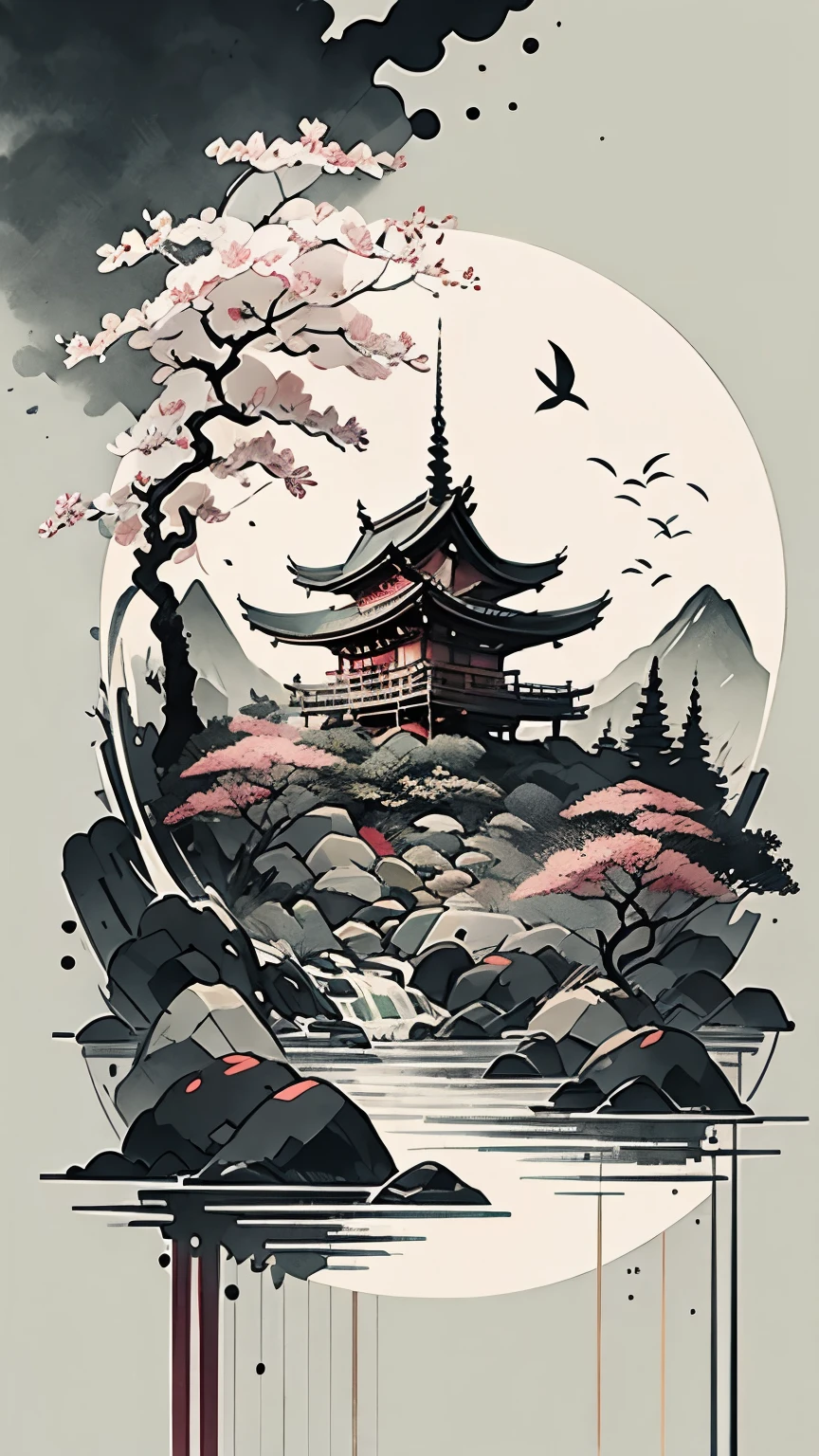 Ukiyoe style, cherry blossom, nature, ink painting, no people, river, more black and white