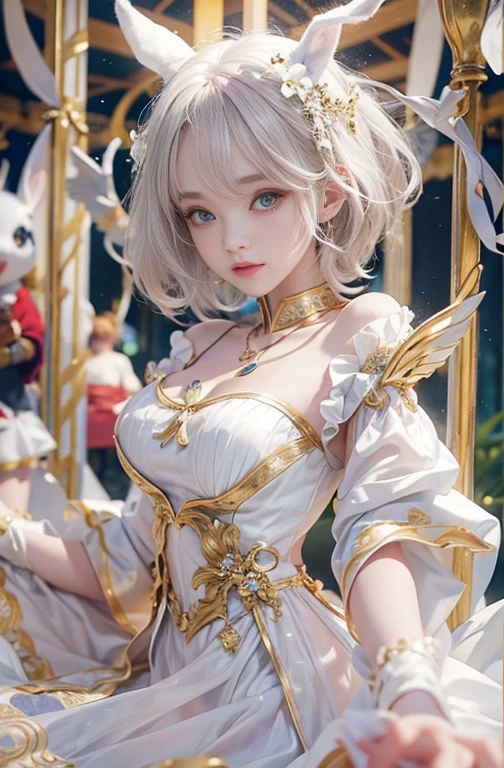 18-year-old, Wide-angle lens, Woman in ancient Greek costume、Woman enjoying merry-go-round at night,Shoulder out、thin、Serious expression、Short-haired、Deadly position, Gorgeous Necklace, Light milky porcelain skin, Smooth, Translucent white skin, Enchanting anime girl, Beautiful and seductive anime woman, Super realistic sweet bunny ears girl, Pale porcelain white skin, Smooth, Realistic and perfect body, Anime Girl Cosplay, Perfect body with realistic shadows, Switzerland&#39;masterpiece, There are real white rabbits around 