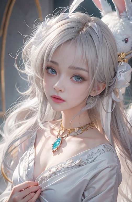 18-year-old, Close up portrait of woman in Ancient Greek clothing 、Shoulder out、thin、Serious expression、Short-haired、Deadly position, Gorgeous Necklace, Light milky porcelain skin, Smooth, Translucent white skin, Enchanting anime girl, Beautiful and seductive anime woman, Ultra realistic sweet bunny girl, Pale porcelain white skin, Smooth, Realistic and perfect body, Anime Girl Cosplay, Perfect body with realistic shadows, Gweitz&#39;s Masterpiece, Holding a cute white rabbit 