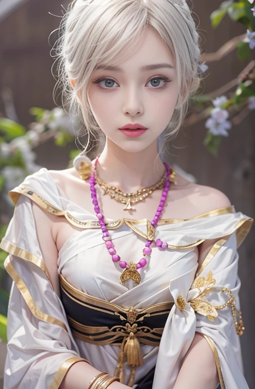 18-year-old, Close up portrait of woman in Ancient Greek clothing 、Shoulder out、thin、Serious expression、Short-haired、Deadly position, Gorgeous Necklace, Light milky porcelain skin, Smooth, Translucent white skin, Enchanting anime girl, Beautiful and seductive anime woman, Ultra realistic sweet bunny girl, Pale porcelain white skin, Smooth, Realistic and perfect body, Anime Girl Cosplay, Perfect body with realistic shadows, Gweitz&#39;s Masterpiece, Holding a cute white rabbit 