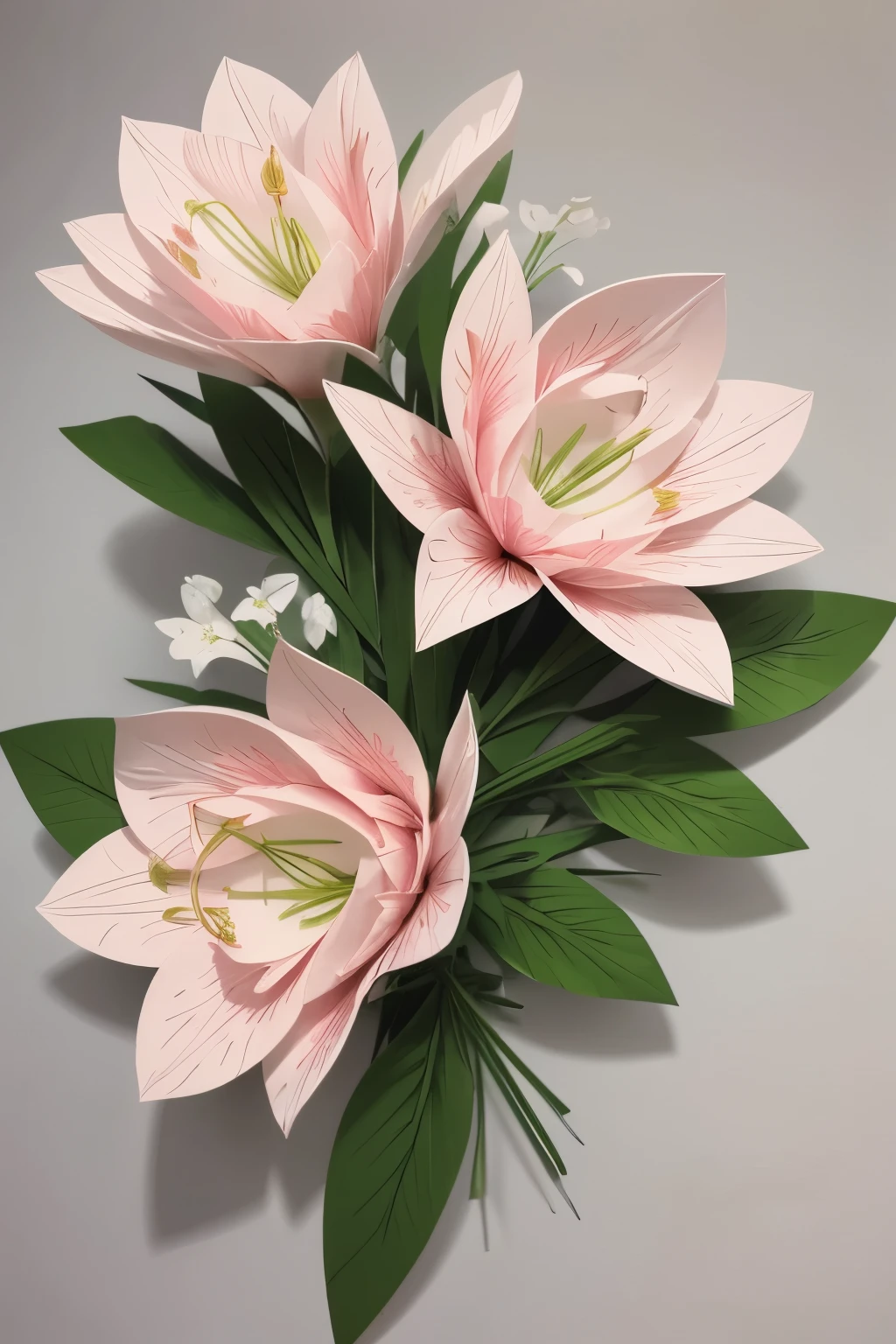 Design illustration, delicate pink and white lillium flowers with vegetation,frontal view, papercraft design, kirigami style, detailed folds, soft color palette, natural lights,masterful craft, intrincated,4k, sharp focus, perfect paperfold