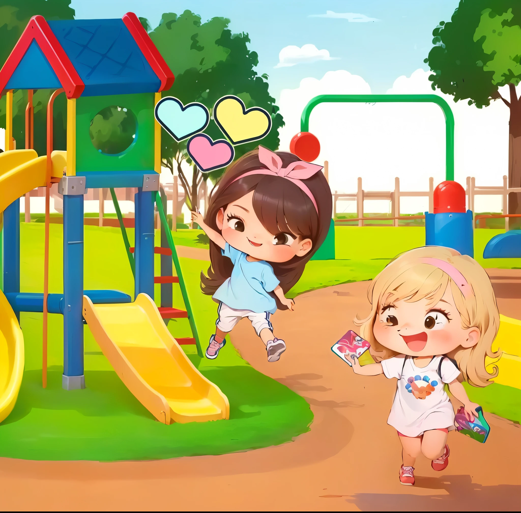cartoon children playing on a playground with a slide and slide, jogos casuais playrix, walking no Parque, no Parque, localizar o objeto oculto, illustration dos desenhos animados, em um parque, desenho animado fofo, fundo do parque, Garotas fofas, illustration de estilo cartoon, desenho animado fofo style, illustration , no Parque, children playing, arte fofa, So cute, em um parque