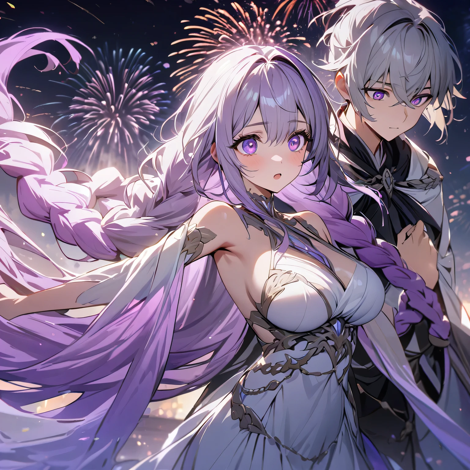 (A couple, beautiful girl and boy), Big watery eyes, Look at each other, purple hair,purple eyes,very long hair,grey hair,double braid,large breasts,gradient hair,Wearing white clothes, Fine hair, Wear fashionable clothing, Flowing tulle, Light Silk,Fireworks explode overhead, Clean colors, Decisive felling, Blank, Mode, masterpiece, Super detailed, epic work, high quality, Highest quality, 4k