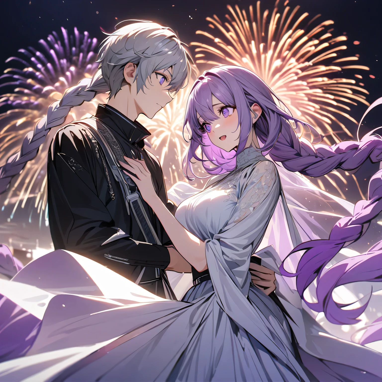 (A couple, beautiful girl and boy), Big watery eyes, Look at each other, purple hair,purple eyes,very long hair,grey hair,double braid,large breasts,gradient hair,Wearing white clothes, Fine hair, Wear fashionable clothing, Flowing tulle, Light Silk,Fireworks explode overhead, Clean colors, Decisive felling, Blank, Mode, masterpiece, Super detailed, epic work, high quality, Highest quality, 4k