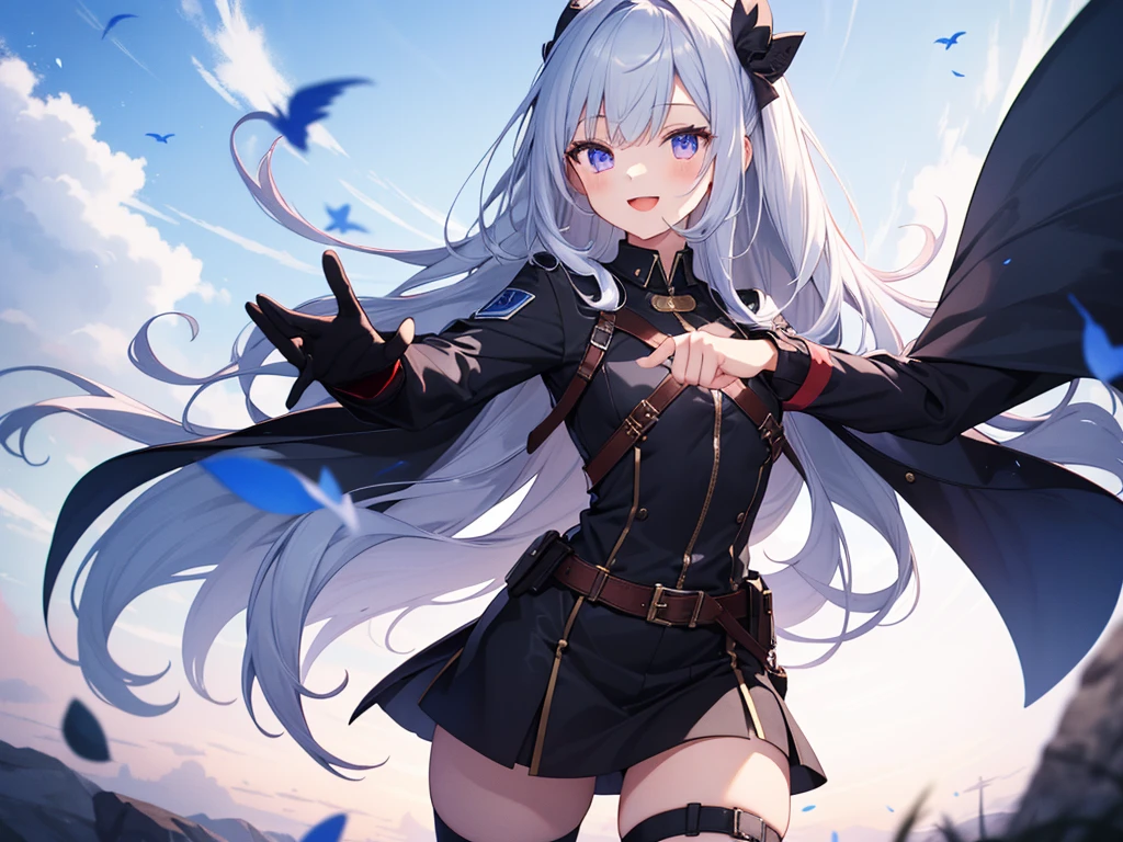 Red and white uniform、Purple eyes, Beautiful eyes in every detail、 iris、Shining Eyes, (((White and blue gradient hair)))、(((((One Girl))))),Multicolored Hair、Inner Color、28歳woman、Shortcuts、1 girl、Big smile、Beautiful sky、8k background、Center of chest、whole body、woman、((((Cheerful pose)))),Sleeveless、(((Black Knee High)))、Beautiful background