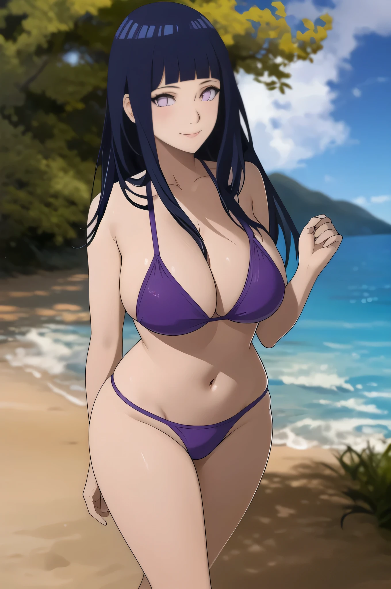 hinata1 a woman, beach, ocean, island, outdoors, bright sky, sunny, clear sky, bangs, long hair, glowing eyes, cute smile, blush, lavender purple bikini, two piece bikini, thong panties, purple thong, bare shoulders, cleavage, big breasts, skinny, slim waist, nice thighs, big ass, tall legs, posing, hands touching hair, sexy, standing, full frame, full body in frame