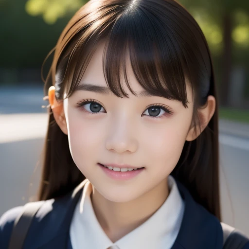 Cute 15 year old Japanese、On the road、Highly detailed face、Pay attention to the details、double eyelid、Beautiful thin nose、Sharp focus:1.2、Beautiful woman:1.4、Align your bangs、Pure white skin、highest quality、masterpiece、Ultra-high resolution、(Realistic:1.4)、Highly detailed and professional lighting、nice smile、Japanese school girl uniform、