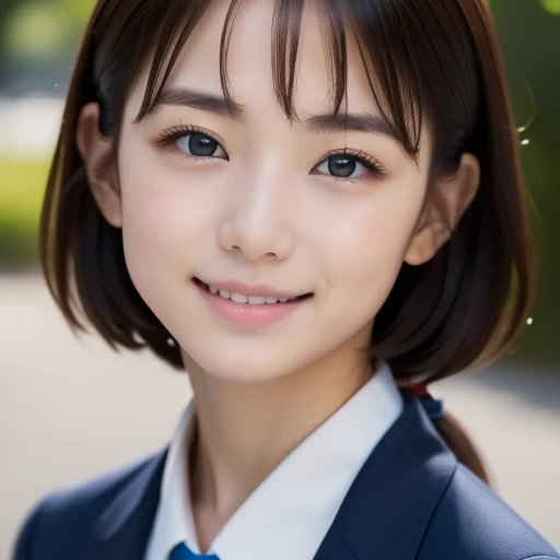 Cute 15 year old Japanese、On the road、Highly detailed face、Pay attention to the details、double eyelid、Beautiful thin nose、Sharp focus:1.2、Beautiful woman:1.4、Align your bangs、Pure white skin、highest quality、masterpiece、Ultra-high resolution、(Realistic:1.4)、Highly detailed and professional lighting、nice smile、Japanese school girl uniform、