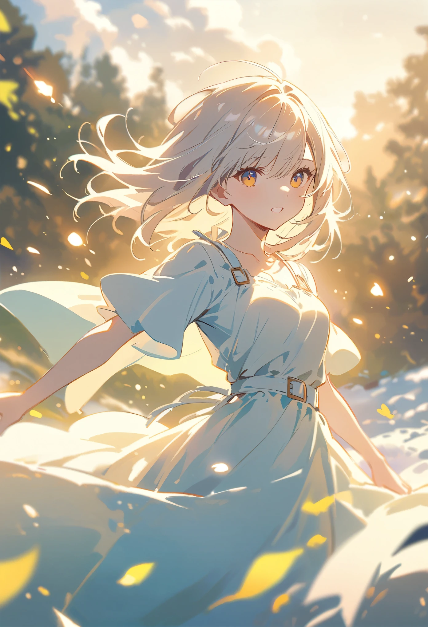 atmospheric perspective, depth of field, cinematic lighting, sparkle, f/2.8, 135mm, UHD, retina, high details, high quality, highres, best quality, 4K、((snow、Fairies playing on the snow))、Silver Hair、１People Girls、Please depict the image as white and pale overall.