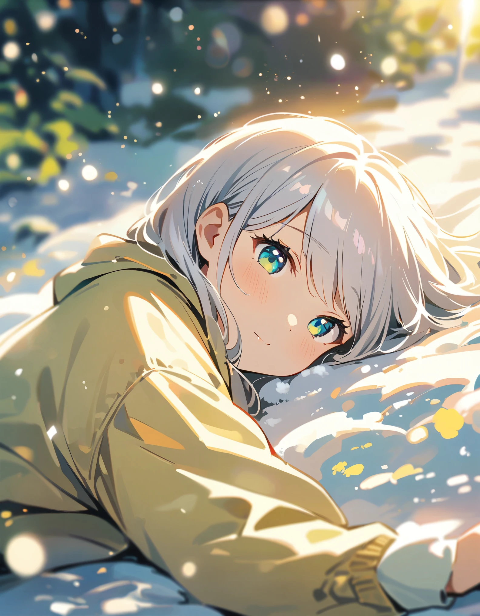 atmospheric perspective, depth of field, cinematic lighting, sparkle, f/2.8, 135mm, UHD, retina, high details, high quality, highres, best quality, 4K、snow、Silver Hair、１People Girls、Please depict the image as white and pale overall.,((Snow Fairy)),((lie down on the snow))