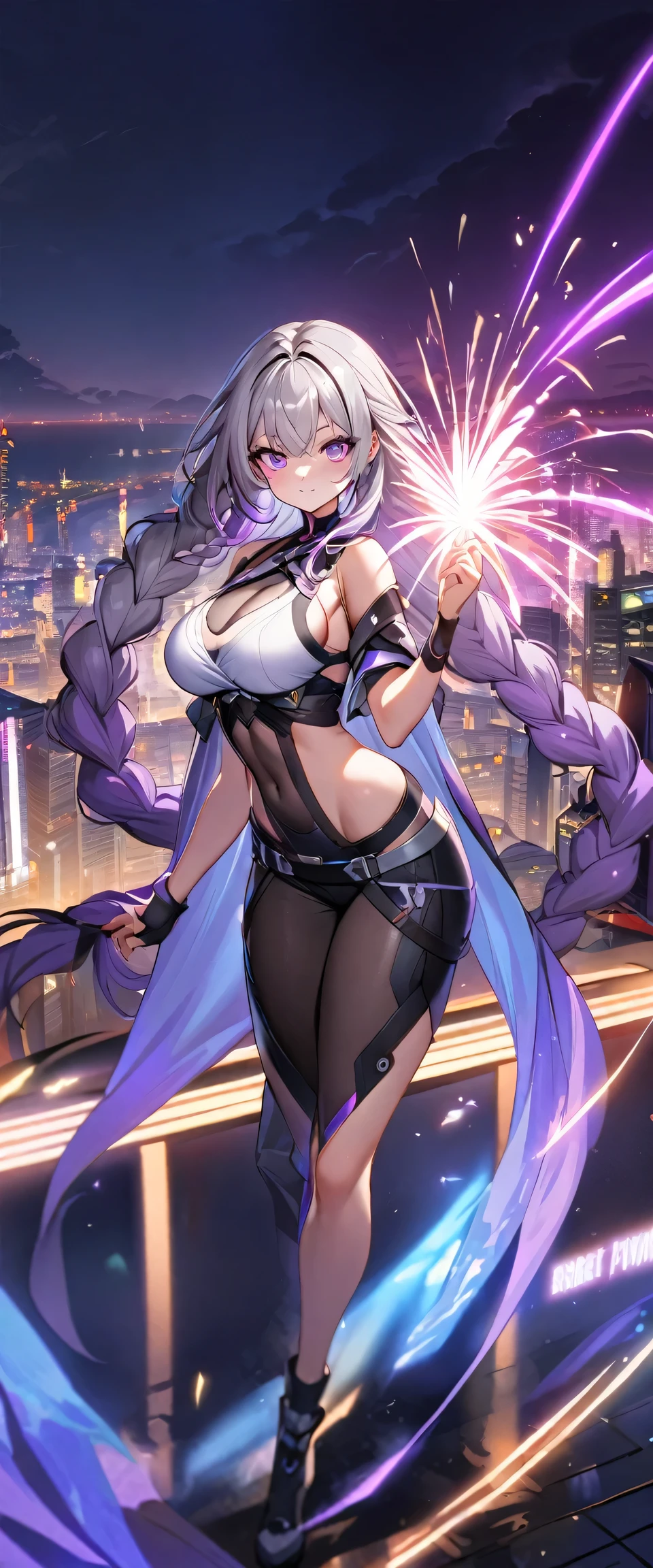 Full body portrait of a man posing fiercely against a neon-lit city background,Night view, yinji , 1 Girl, purple hair,purple eyes,very long hair,grey hair,double braid,large breasts,gradient hair,  She is exercising her power, There is a bunch of bright fireworks in the sky, Light up her white top. And put some black aura around you，To refer to your mysterious power.