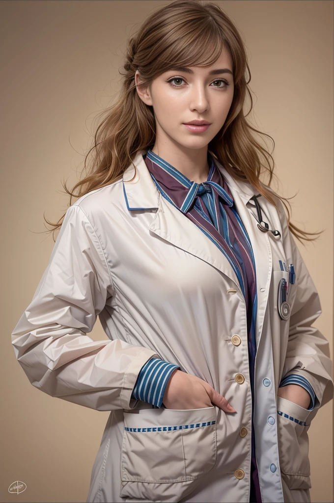 (Louise Bourgoin), Masterpiece, best quality, extremely detailed, hyperrealistic, photorealistic, a half body shot of a beautiful 26 years old french actress, (doctor, hospital, doctor uniform:1.1), ultra detailed face, with bangs, light brown hair with bun, pale skin, brown eyes, slender slim body, 16K, ultra high res.photorealistic, UHD, RAW, DSLR