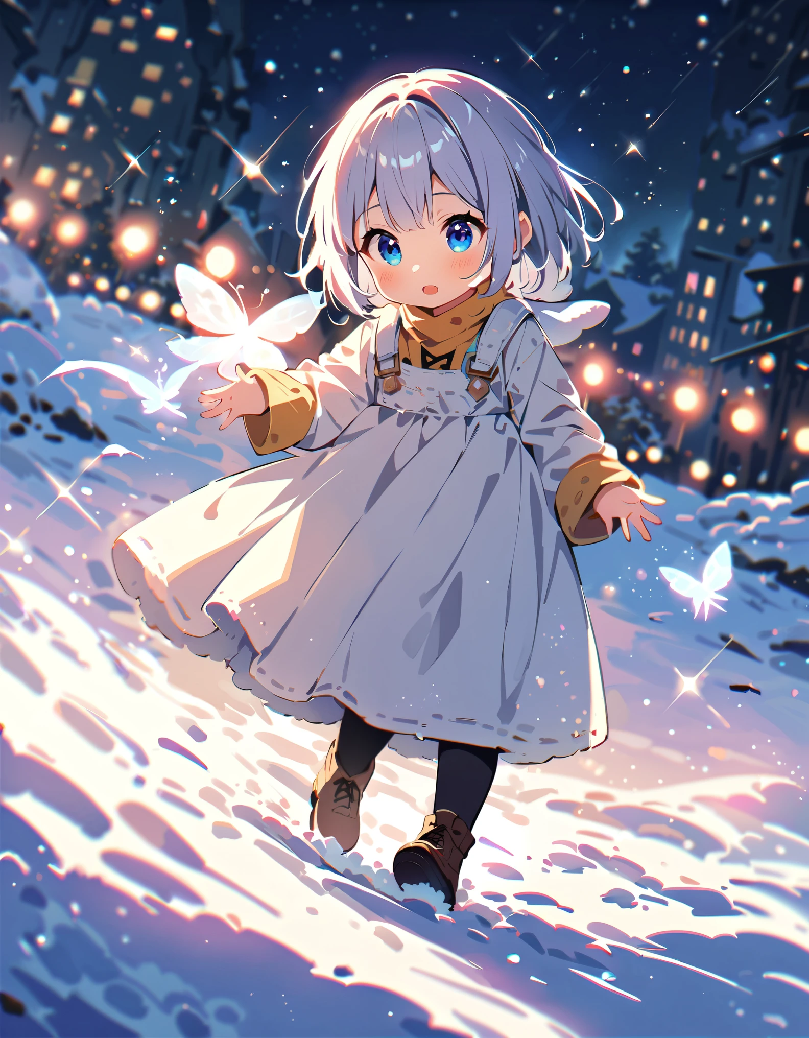 atmospheric perspective, depth of field, cinematic lighting, sparkle, f/2.8, 135mm, UHD, retina, high details, high quality, highres, best quality, 4K、snow、Silver Hair、１People Girls、Please depict the image as white and pale overall.,((Snow Fairy)),((Playing on the snow))
