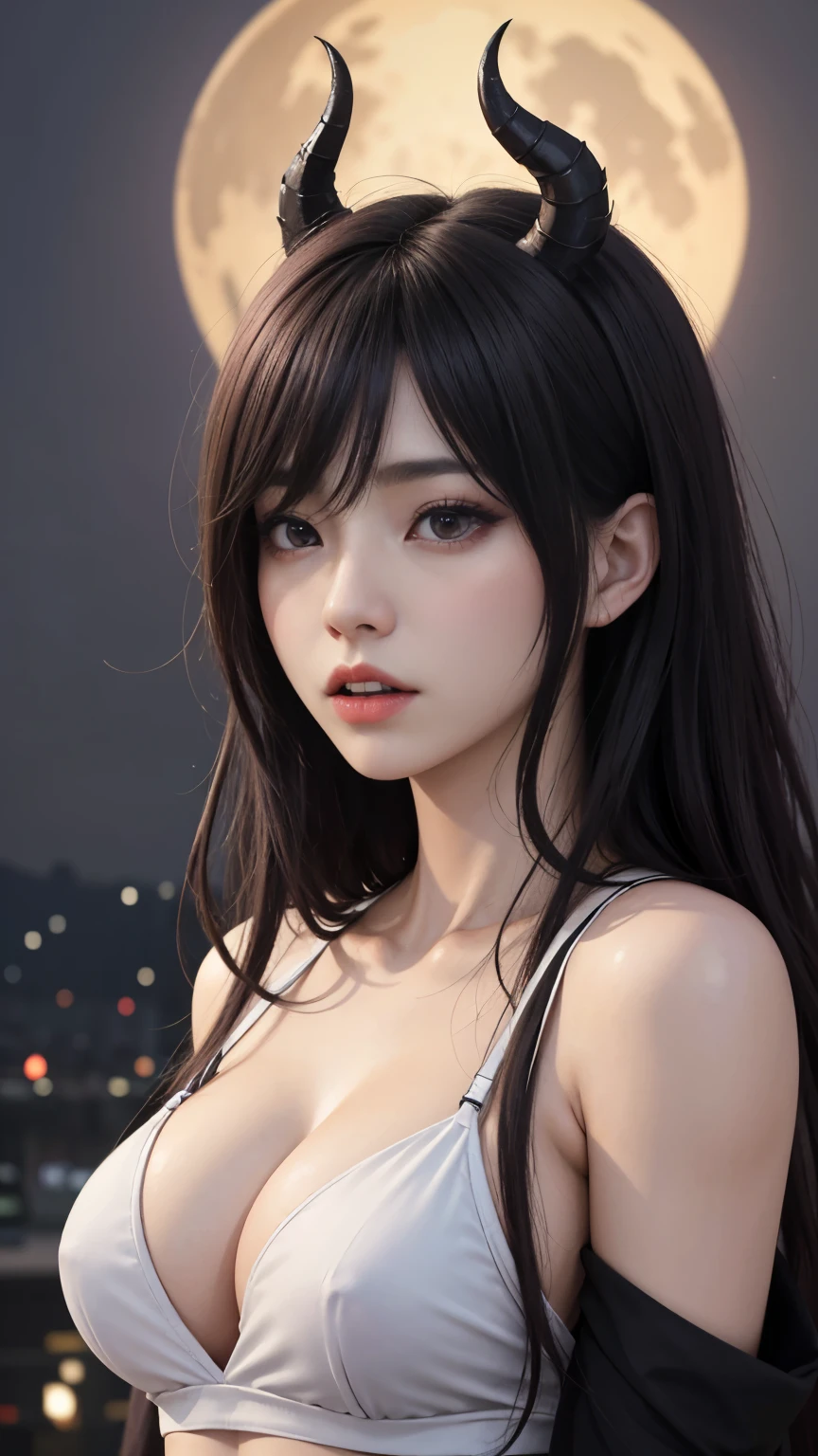 background(Black Night Sky,Big Moon),Woman close up,Wearing a white shirt、Purple Hair,Very long hair,very thick braids,Purple eyes,big , realistic girl rendering, 8k artistic german bokeh, Enchanting girl, Realistic girl, Gurwitz, Gurwitz-style artwork, Girl Roleplay, Realistic 3D style, cgstation Popular Topics,, 8K Portrait Rendering,(Faithfulness,Faithfulness:1.4),Wear pink pajamas,巨big ,Sparkling eyes,Purple eyes、(highest quality,4K,8k,High resolution,masterpiece:1.2),Very detailed,(Realistic,photoRealistic,photo-Realistic:1.37),Mythical monster,Beast-like creature,Muscular,Six big legs,Stand like a gorilla,Red fur covering the body,two big horns,Boar tusk,Sharp Claws,huge shape,Burning Fire Magic,Energy aura,A menacing presence,Glowing Eyes,Intimidating posture,Dark Environment,Smoke-filled air,Ominous Shadow,Majestic and fierce,Explosive power,Vibrant colors,Bold,Horror art style,Dynamic configuration,Dramatic lighting,Muscle layers,large sharp teeth,Sharp Edges,Very detailedスケール,Fiery Crack,Burning Flames,Ferocious look,Burning with anger,Surrounded by sparks and embers
