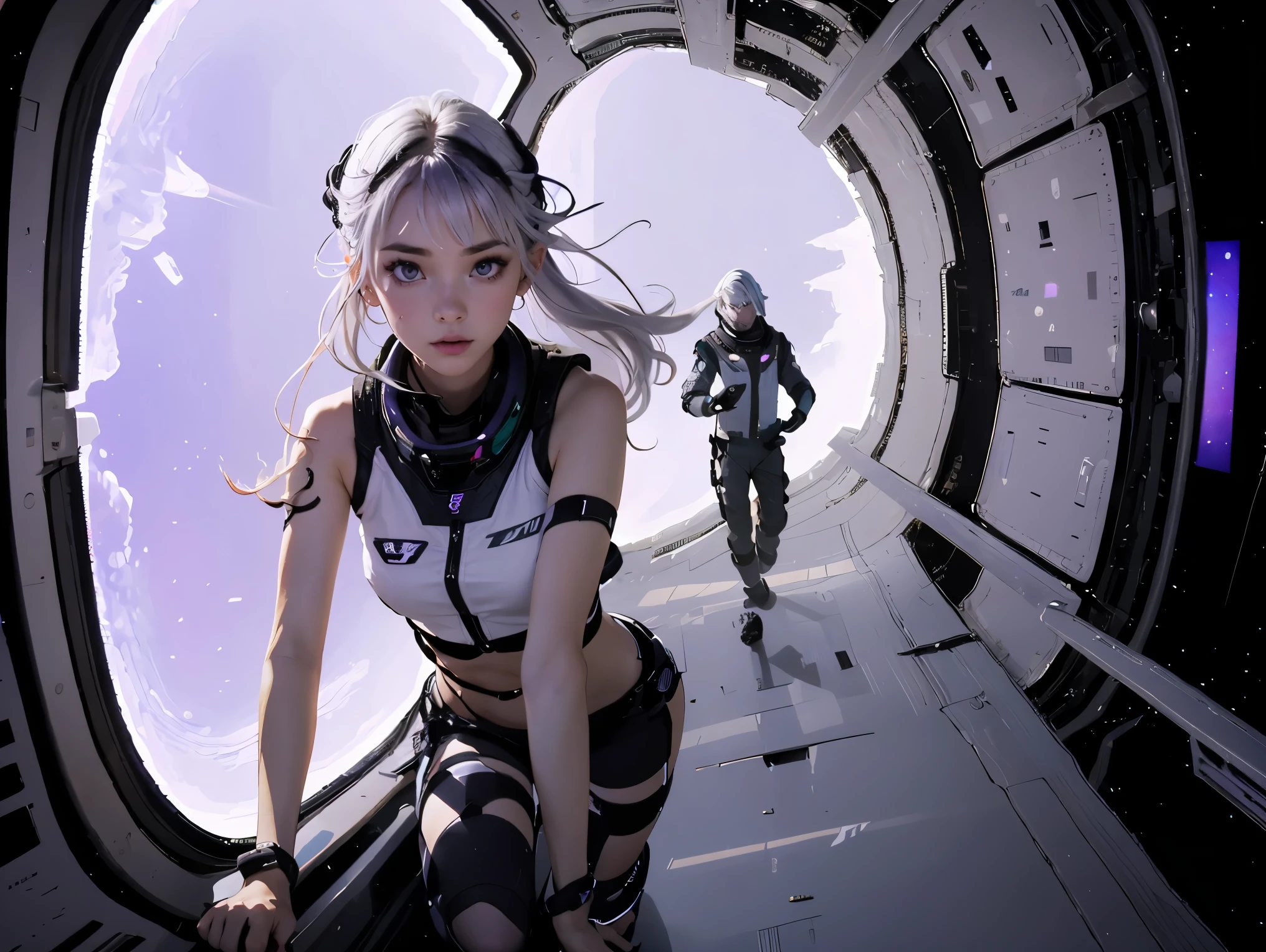  a boy and a girl, with grey hair with purple tip, purple eyes, long ponytail, on the space shuttle, in the hallway, , multicolored hair, white hair, depth of field, perspective, perspective, UHD, masterpiece, ccurate, anatomically correct, high quality, best quality, super detail, ((a couple))