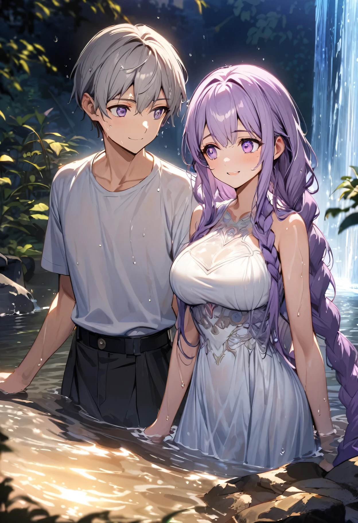 Night view, (A couple, beautiful girl and boy), Big watery eyes, Look at each other, purple hair,purple eyes,very long hair,grey hair,double braid,large breasts,gradient hair, Bathe near the waterfall, The body is soaked in water, Wearing white clothes, Fine hair, Wear fashionable clothing, Flowing tulle,, Wet hair, cheer up, Tempting face, No, Stone, Purified water, Water on the body, Look up at the sky and smile, Beautiful Face, 40s, Soft volumetric light, (Backlight: 1.3), (Movie: 1.3), Intricate details, (art station: 1.3).