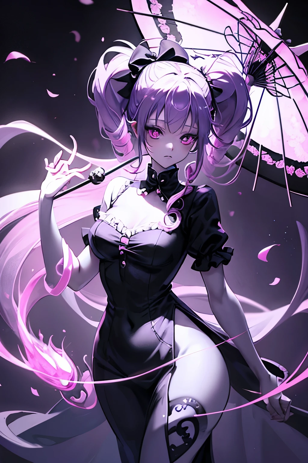 one piece ghost princess perona, ghost and sakura aura, holding a cute umbrella, black pink gothic outfit, hair tied into two curly pigtails with black and white flower hairpins, perfect body shape, wearing black top hat with ribbon, masterpieces, light make up, ghost effect, best lighting, ultra sharp