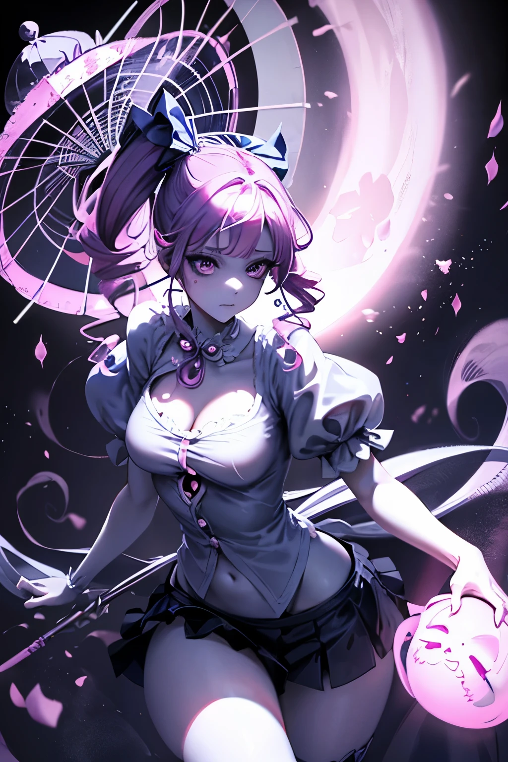 one piece ghost princess perona, ghost and sakura aura, holding a cute umbrella, black pink gothic outfit, hair tied into two curly pigtails with black and white flower hairpins, perfect body shape, wearing black top hat with ribbon, masterpieces, light make up, ghost effect, best lighting, ultra sharp
