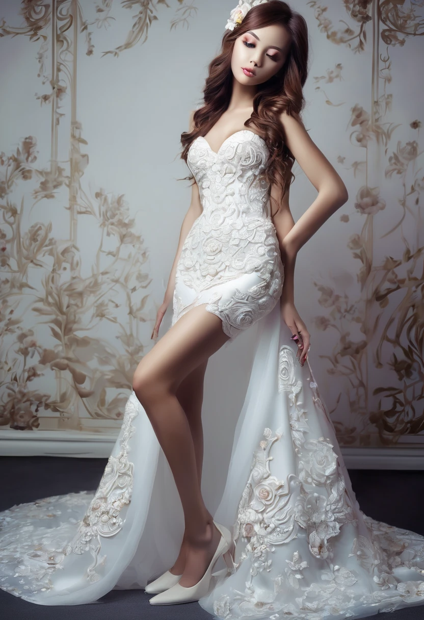 girl, Wearing a wedding dress, White Wedding Dress, Full body painting, slim, Long legs