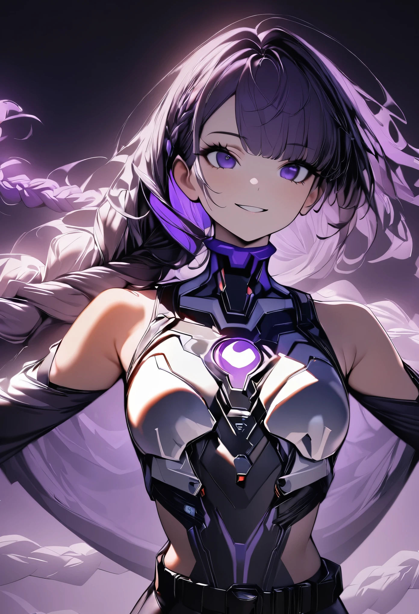 (highest quality:1.2, Very detailed, High Contrast, masterpiece:1.2, highest quality, Best aesthetics), 1 Female, Cyber Suit, Separated sleeves, Bare shoulders, Black top, Silver breastplate, Energy disk on chest, Black Mini Skirt, (Belt connecting left and right sleeves:1.1), 黒に紫色のアクセントが入ったCyber Suit, ((Purple gradient hair on white hair:1.4, Braided long hair, White and purple hair accessories:1.2, Dark purple bangs:1.1, Asymmetrical bangs)), Purple Eyes, Double eyelids, Detailed face, Loose braid, smile:1.2, Indifference, kind, Bust up shot.