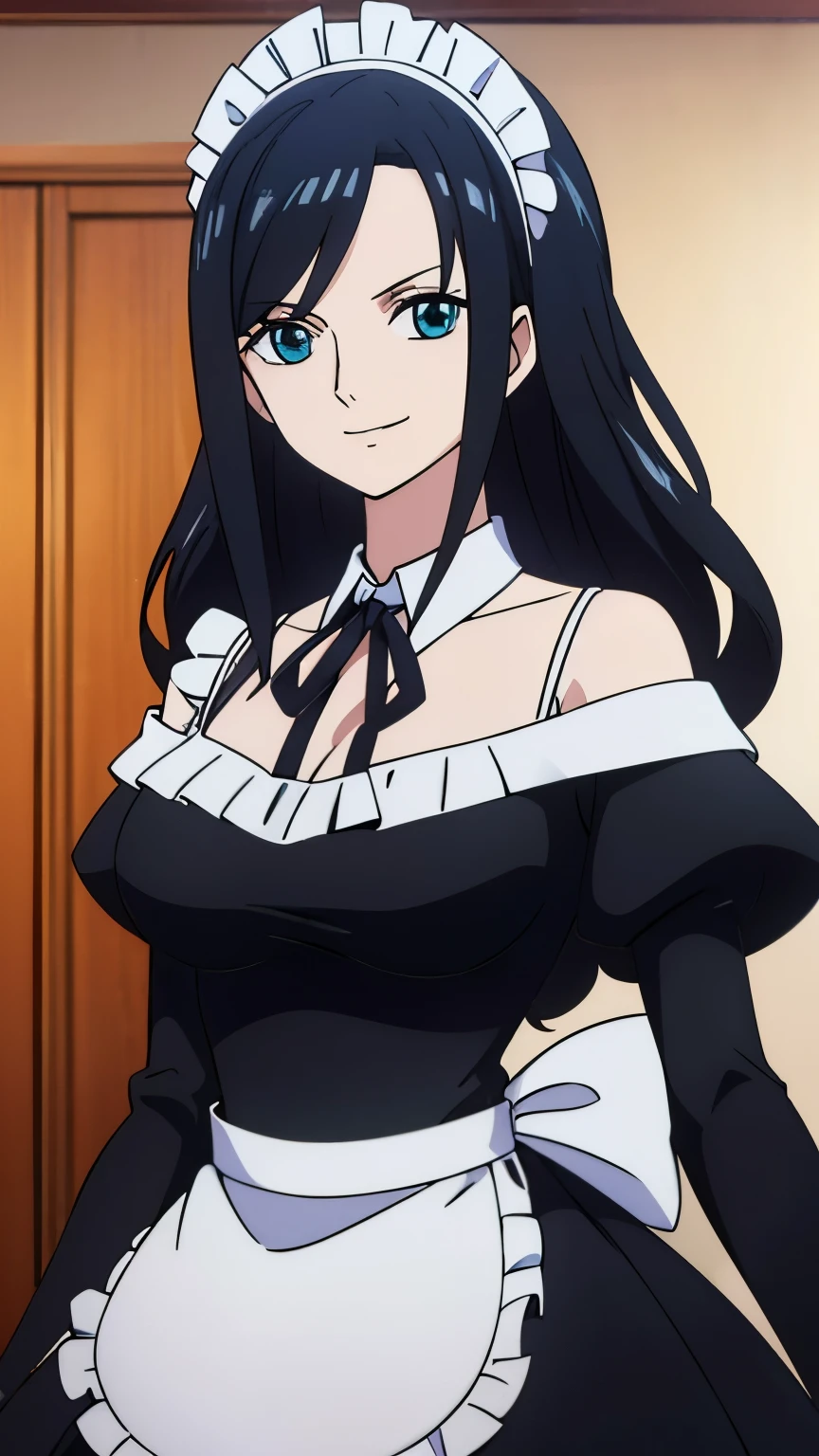 (Best quality, 8k, high resolution, masterpiece:1.2), Ultra detailed, Anime art style, Fine details, Dynamic angles, Black Hair,20s women's style, mature women, glamour,Beautiful character design, Perfect eyes, Perfect face, Expressive eyes, Perfect balance, (smile,maid, maid headdress, maid apron, off-shoulder, frills, black neck ribbon,  long sleeves, hair accessory), Looking at viewer, In the center of the image, Cowboy shot,