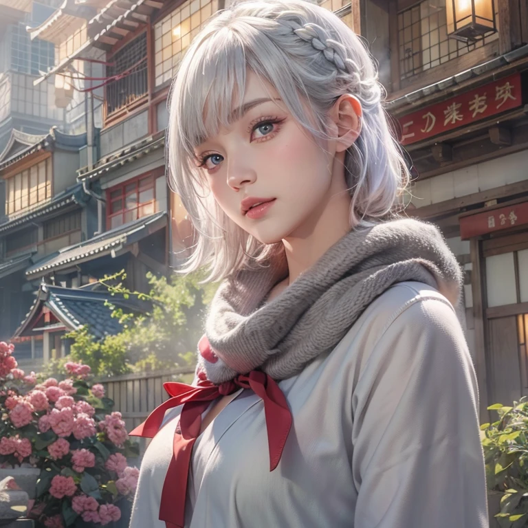 (masterpiece:1.3), (8k, Realistic, RAW Photos, Best image quality: 1.4), Fair-skinned fairy woman、short hair、Cleavage:2.0、Highly detailed face、Attention to detail、double eyelid、Sharp focus:1.2、Beautiful woman:1.4、Silvery white hair、highest quality、masterpiece、Ultra-high resolution、(Realistic:1.4)、Highly detailed and professionally lit smiles、Loose, Light, Wearing a Japanese high school uniform:1.5、Red scarf、 one person、whole body,Cycling through Japanese cities、