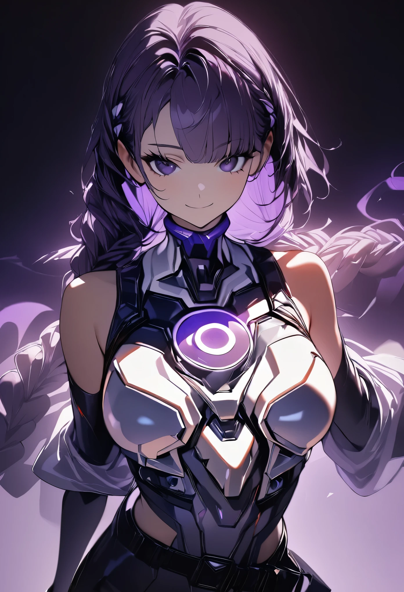(highest quality:1.2, Very detailed, High Contrast, masterpiece:1.2, highest quality, Best aesthetics), 1 Female, Cyber Suit, Separated sleeves, Bare shoulders, Black top, Silver breastplate, Energy disk on chest, Black Mini Skirt, (Belt connecting left and right sleeves:1.1), 黒に紫色のアクセントが入ったCyber Suit, ((Purple gradient hair on white hair:1.4, Braided long hair, White and purple hair accessories:1.2, Dark purple bangs:1.1, Asymmetrical bangs)), Purple Eyes, Double eyelids, Detailed face, Loose braid, smile:1.2, Indifference, kind, Bust up shot.