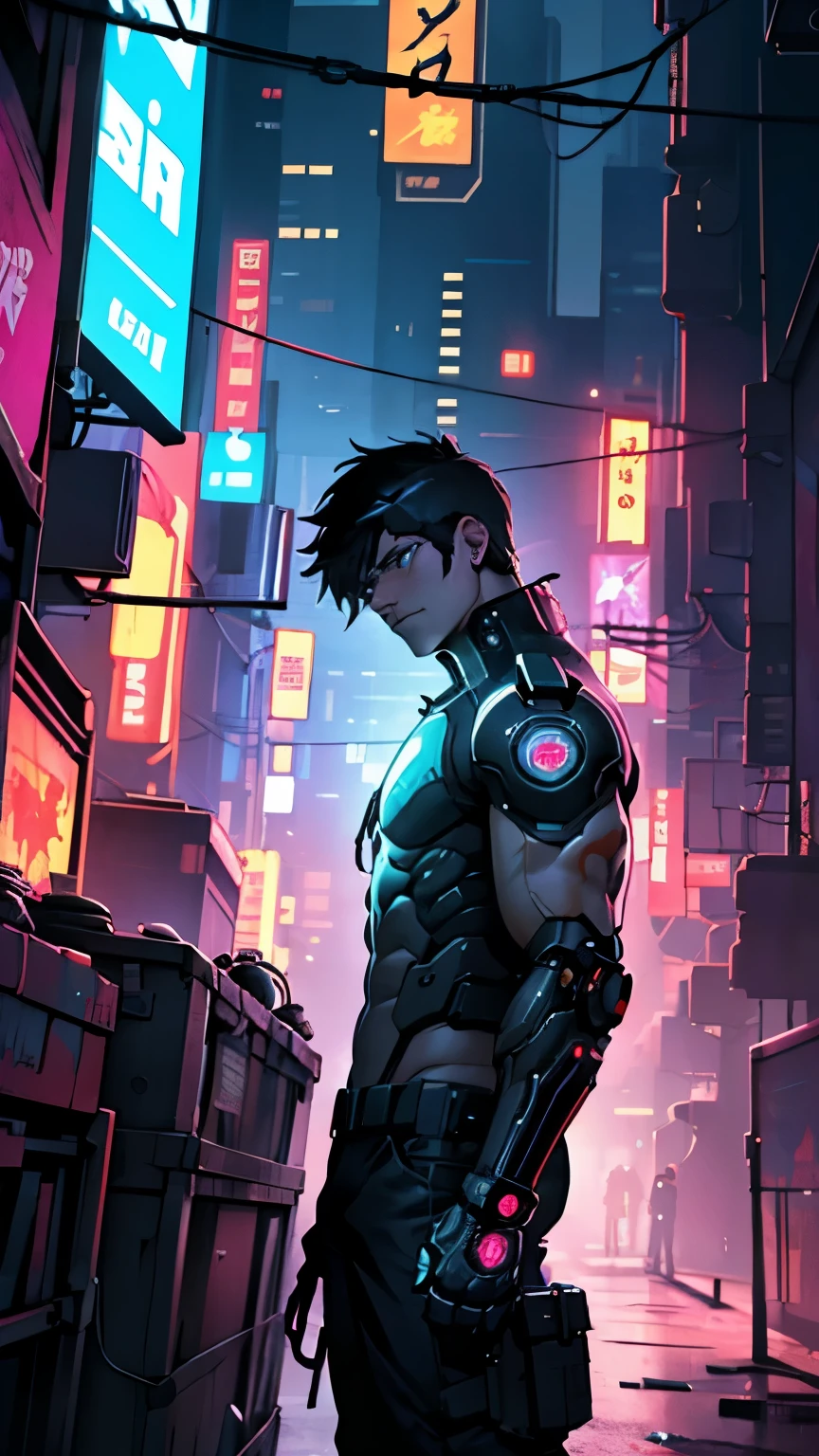 ???, Robotic Arm, Ghost in the Shell, Cyberpunk, Chains, Neon, LED, Gears, poster