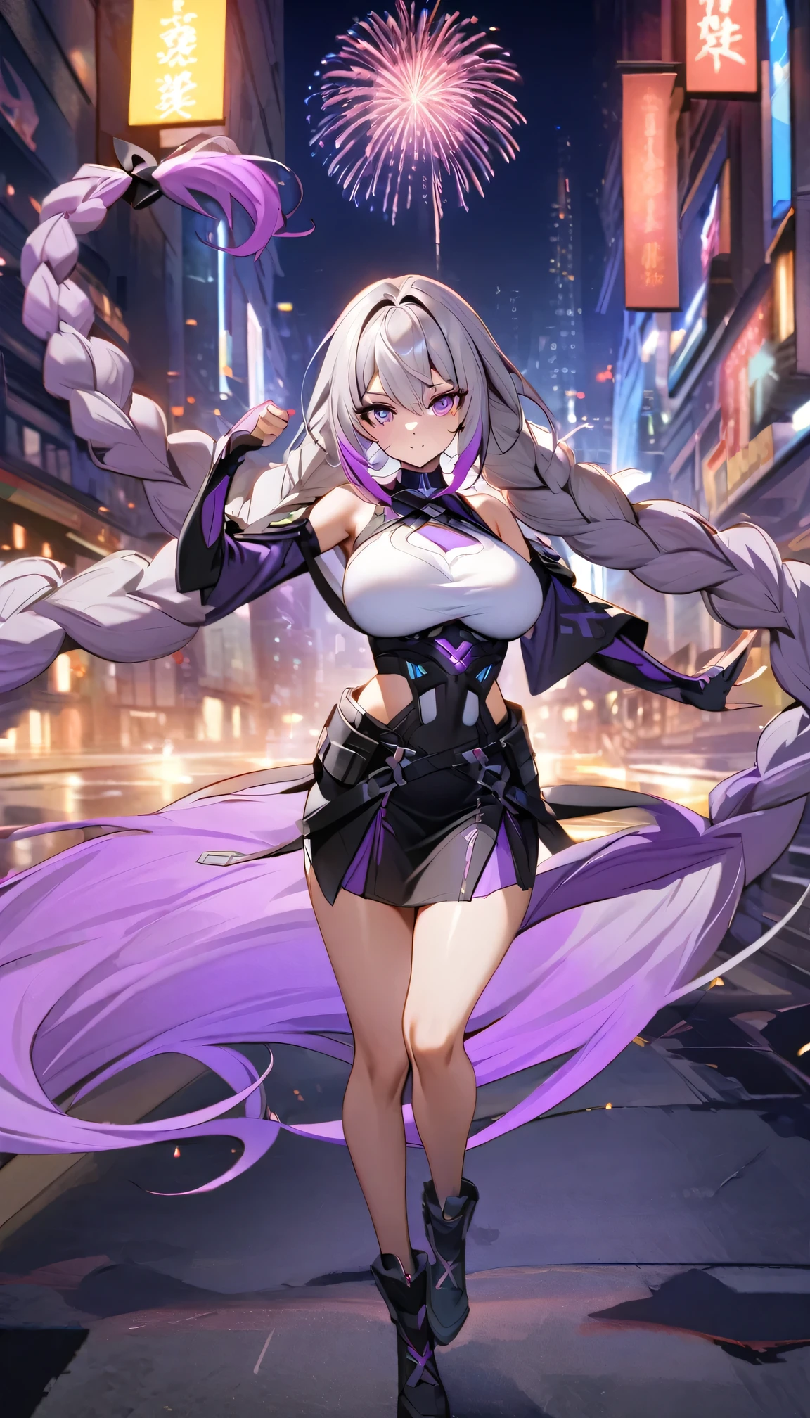 Full body portrait of a man posing fiercely against a neon-lit city background,Night view, yinji , 1 Girl, purple hair,purple eyes,very long hair,grey hair,double braid,large breasts,gradient hair,  She is exercising her power, There is a bunch of bright fireworks in the sky, Light up her white top. And put some black aura around you，To refer to your mysterious power.