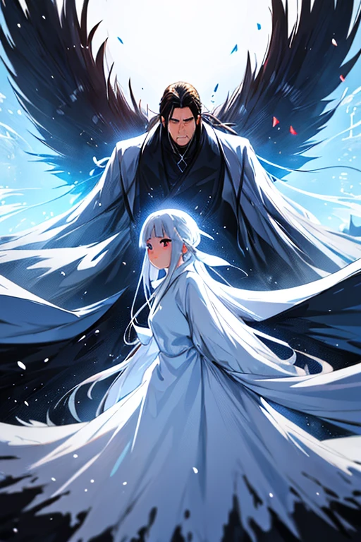 Beautiful anime art: a cold girl with silver hair in a white and blue flowing dress flies on huge translucent wings to a dark, strong man with black hair in scarlet and black flowing clothes, and behind him an army of thousands of monsters