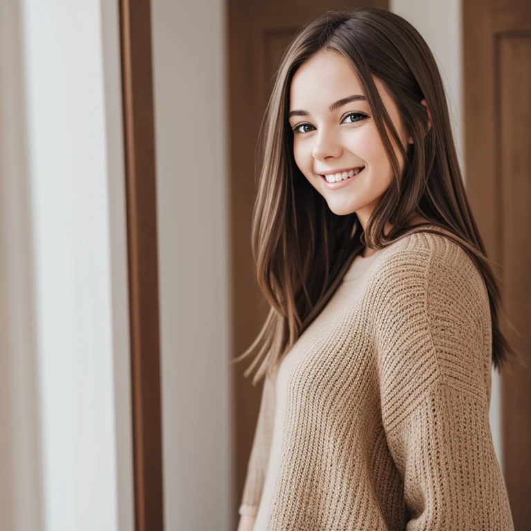 A young woman, brown hair, calm smile
