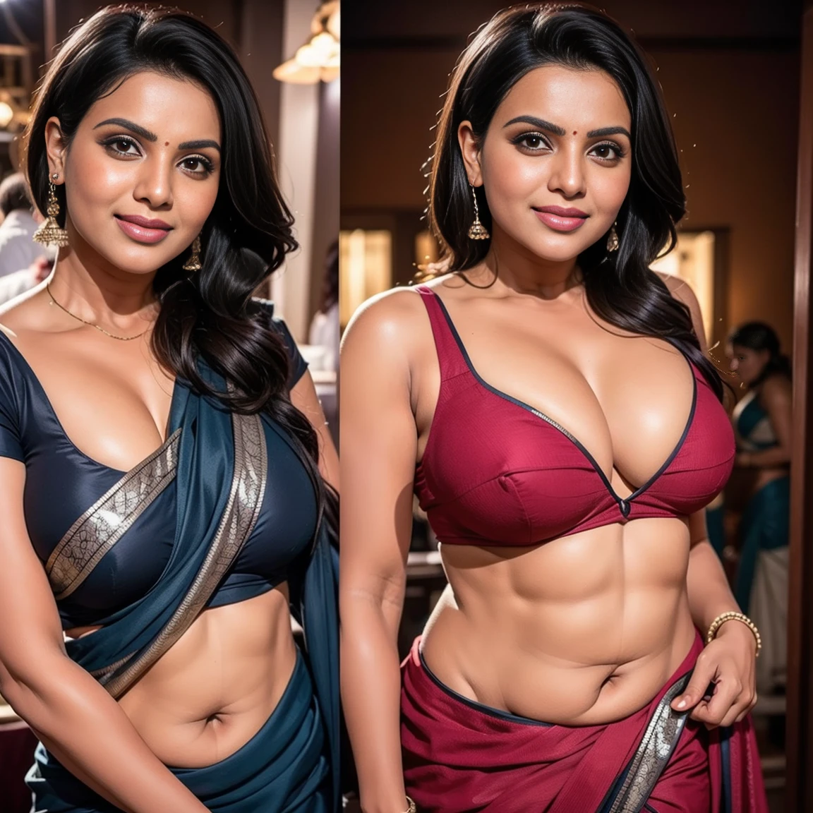 Side by side image of sexy Indian sexy woman in a saree at a park ,, tall, seductive, detailed cute face, full lips, smiling, studio lighting, hyper realistic, anatomically correct, visible thighs, strapless blouse, deep cleavage