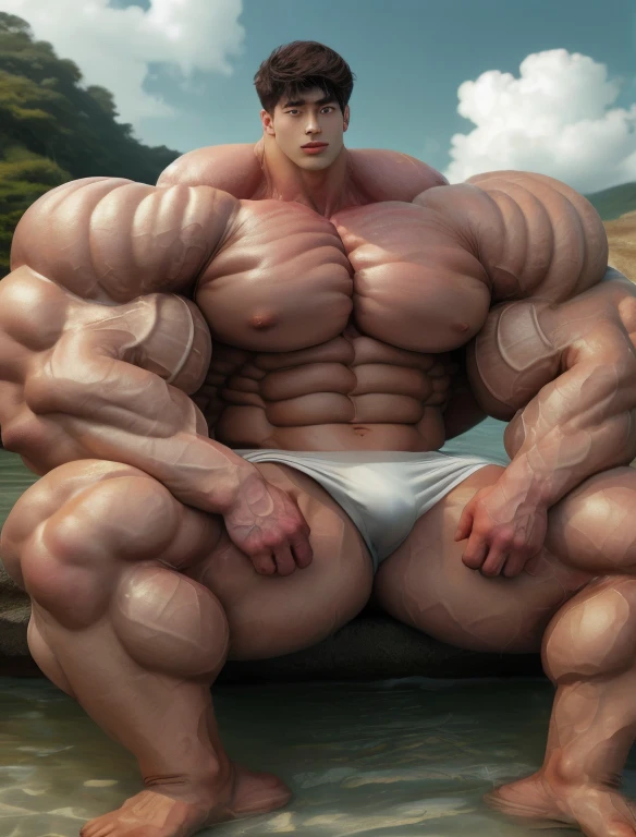 1 asian boy, giant, model shoot style, looking at camera, standing, cool ambience, outdoor, summer season, at the ocean lagoon, cloudy sky, strong body, bulk, large size, seated on the rock, ocean, naked, white triangular underwear, massive bulged trunks, big, brutalmass, giant, muscular body, bulk, massive body, large meaty body size, brown skin, wet
