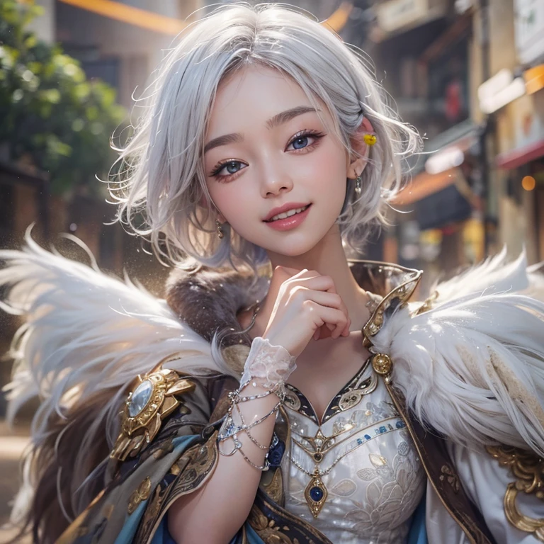 (masterpiece:1.3), (8k, Realistic, RAW Photos, Best image quality: 1.4), Fair-skinned fairy woman、short hair、Cleavage:2.0、Highly detailed face、Attention to detail、double eyelid、Sharp focus:1.2、Beautiful woman:1.4、Silvery white hair、highest quality、masterpiece、Ultra-high resolution、(Realistic:1.4)、Highly detailed and professionally lit smiles、Loose, Light,Japanese High 、 one person、whole body,　Add bread through the mouth、Cycling through Japanese cities、