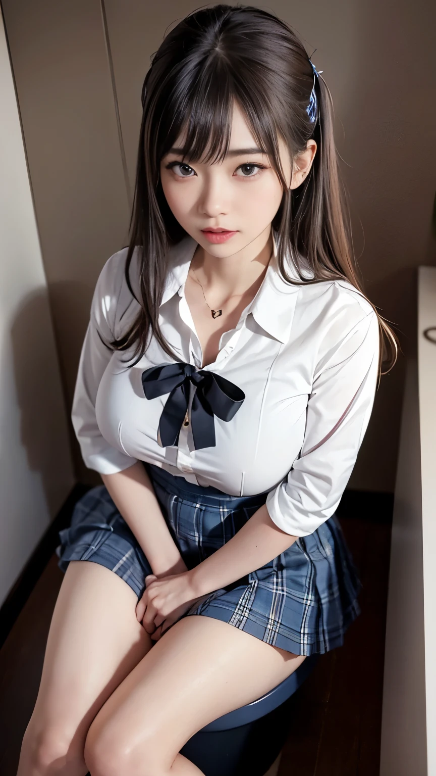  One girl、 Super huge breasts:1.5、Small waist、Side Lock、Beautiful Face、(masterpiece:1.5、highest quality、Highest quality、Highest Resolution、Super detailed、Ultra-compact、Octane Rendering、SLR、High Resolution、Raw Photo、Realistic textured face and skin)、(Japanese girls high school uniform)、super tight shirt、mini skirt、Chest ribbon、((Sit on the toilet:1.5、(Shot from directly above:1.5、Night Toilet)、sexual excitement:1.5、Ecstasy face:1.5、Acme Face、Amazing Acme)、Open your feet wide、Spread your legs:1.2、Defecation、{Voyeur}、Hold your groin:1.2、左右対称のBeautiful Face、Beautifully detailed facial featureouth closed、Correct Anatomy、