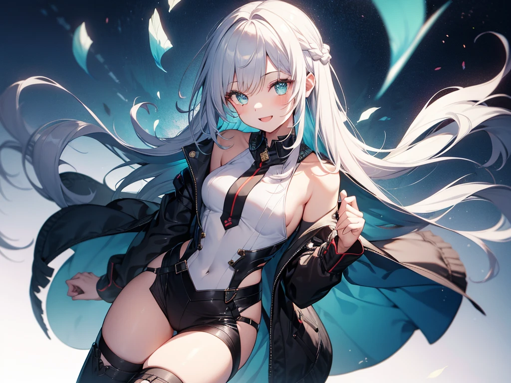 White uniform、Green Eyes, Beautiful eyes in every detail、 iris、Shining Eyes, (((White-blue gradient hair)))、(((((One Girl))))),Multicolored Hair、Inner Color、28歳woman、Braid、Big smile、Beautiful sky、8k background、Center of chest、whole body、woman、((((Cheerful pose)))),No sleeve、(((Black Knee High)))、Beautiful background