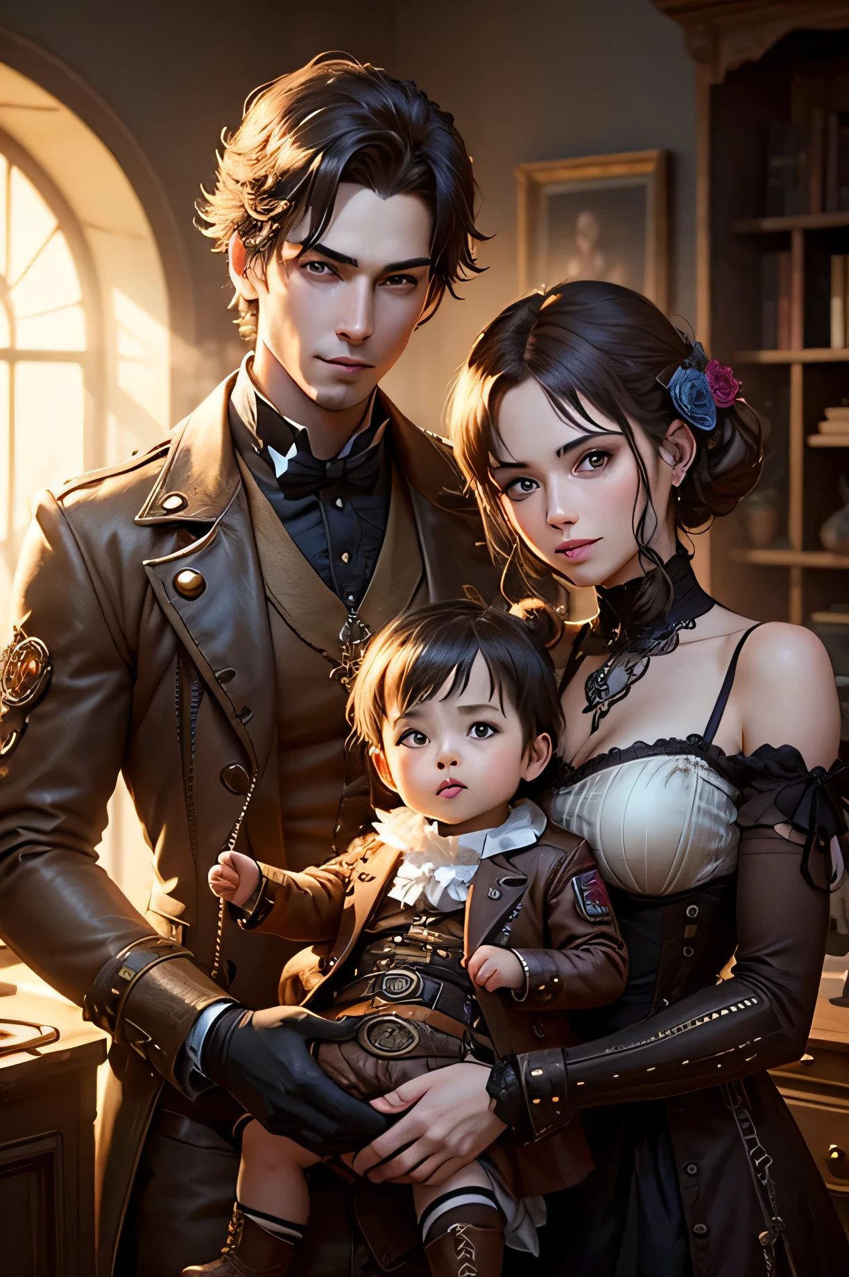 family, happy, steampunk, cyber, no text, light