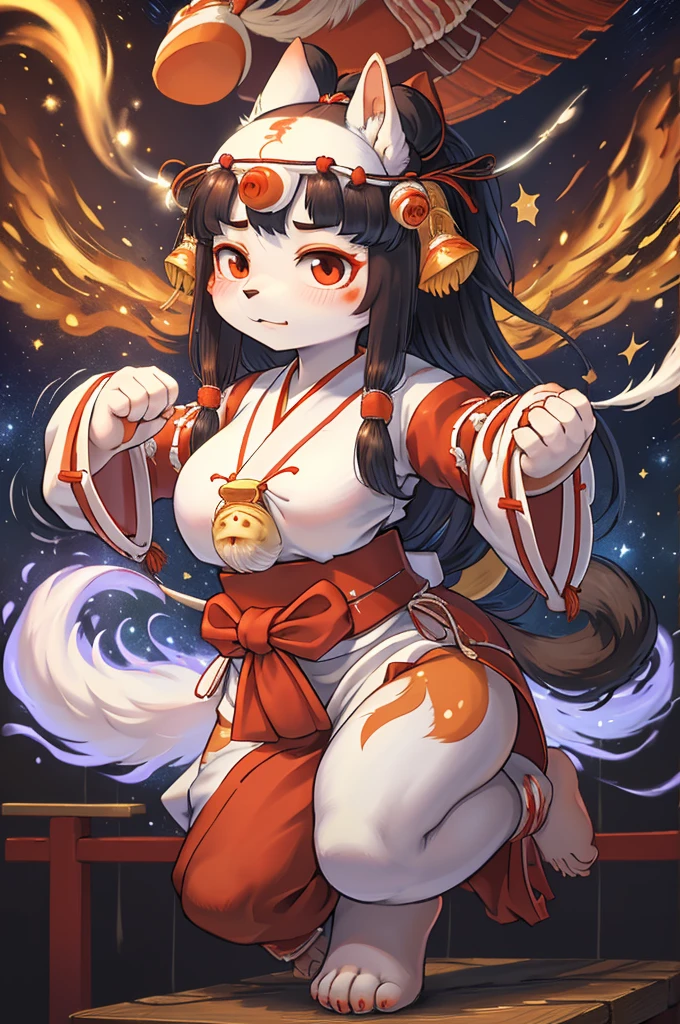 (Gogh style:1.2) , (1 hairy inari girl and 1 ogres) , Short stature , realistic hairy fur , Straight black Long Hair , Round face, swollen cheeks,round eyes , neat hair ties , Japanese Shrine Maiden Clothing , (dynamic Noh dance action:1.5) , in the Inari Shrine , Sacred offerin  , (Fly around Will-o'-the-wisp) , midnight